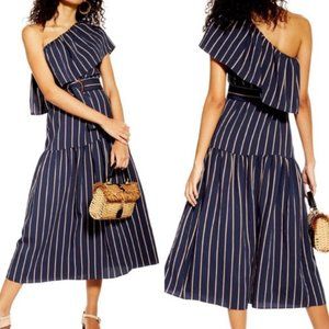 New Topshop Sicily One Shoulder Belted Stripe Dress